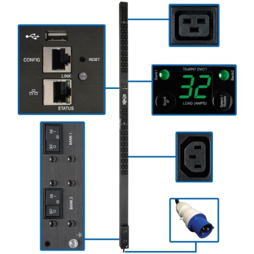 Tripp Lite PDUMNV32HV2LX 7.7kW Single-Phase Monitored PDU, LX Interface, 200-240V Outlets (36 C13/6 C19), IEC 309 32A Blue, 10 ft. (3.05 m) Cord, 0U 1.8m/70 in. Height, TAA