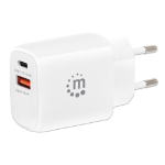 Manhattan Wall/Power Mobile Device Charger (Euro 2-pin), USB-C and USB-A ports, USB-C Output: 20W, USB-A Output: 18W, White, Phone/Tablet Charger, Three Year Warranty, Retail Box
