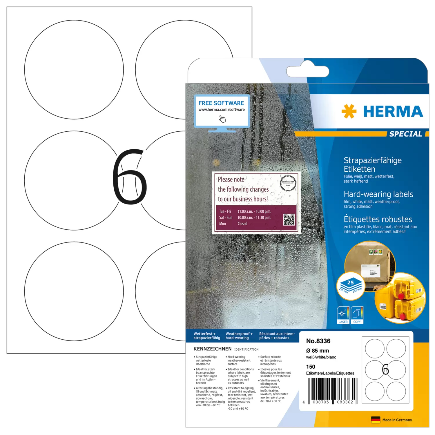 HERMA Signs hard-wearing A4 Ã˜ 85 mm round white strong adhesion film matt weatherproof 150 pcs.