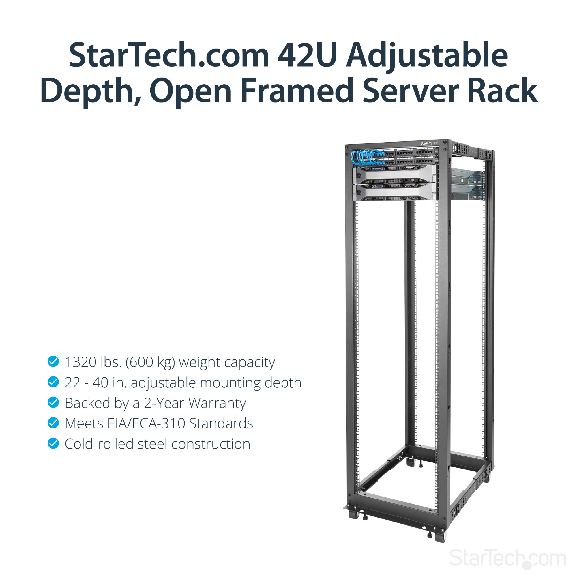 StarTech.com 42U Adjustable Depth Open Frame 4 Post Server Rack Cabinet - Flat Pack w/ Casters, Levelers and Cable Management Hooks