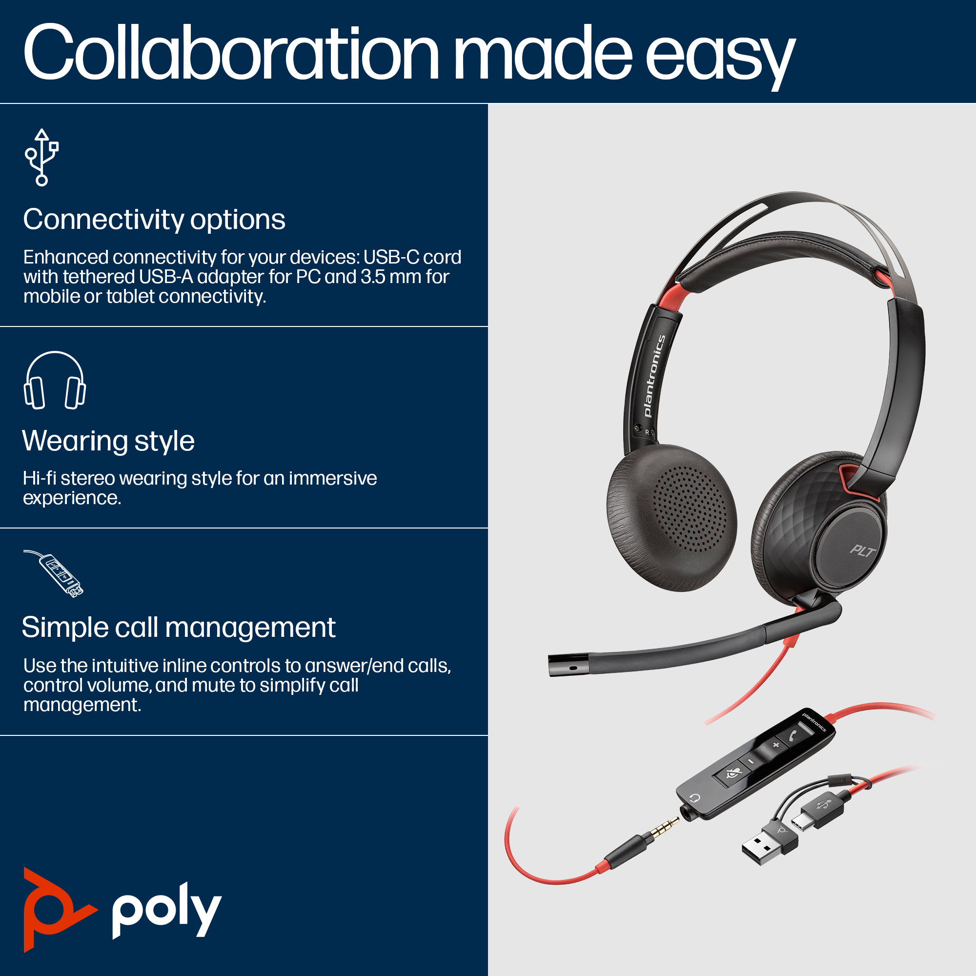 Poly Blackwire 5220 Stereo USB-C Headset +3.5mm Plug +USB-C/A Adapter