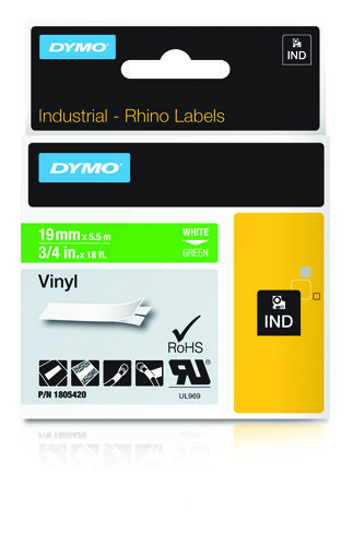 Dymo 1805420 Ribbon Vinyl white on green 19mmx5,5m for Dymo Rhino 6-19mm/24mm