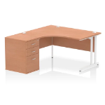 Dynamic Impulse Cantilever Left Crescent Office Desk W1400 x D1200 x H730mm Beech Finish White Frame With 600mm Deep Desk High Pedestal - I004246 DD
