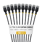 StarTech.com 15cm Black Ultra Slim Cat6A Ethernet Cable, 10 pack, UTP, Pure Bare Copper Wire, 34AWG Ultra Slim RJ45 Network Patch Cord, Individually Tested