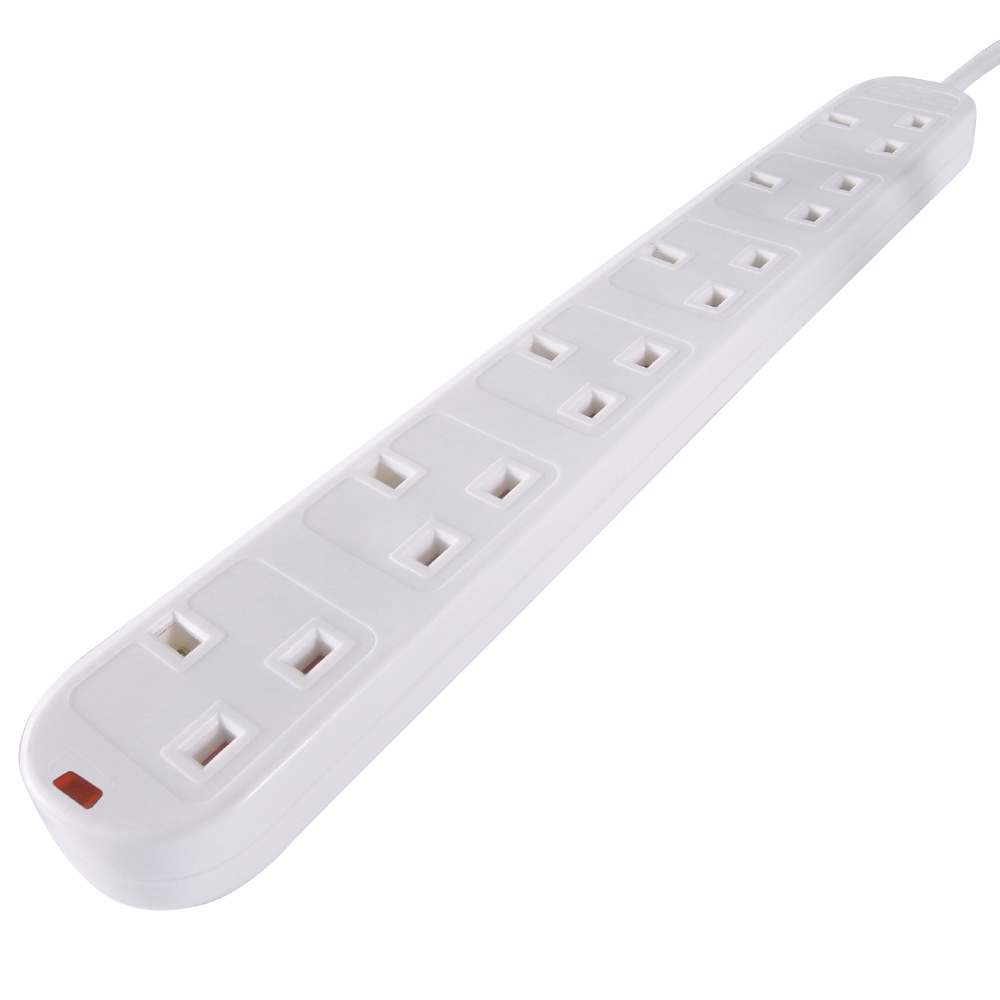 connektgear 2m 6 Way Surge Protected Power Extension Block - UK Plug to 6 x UK Sockets - White
