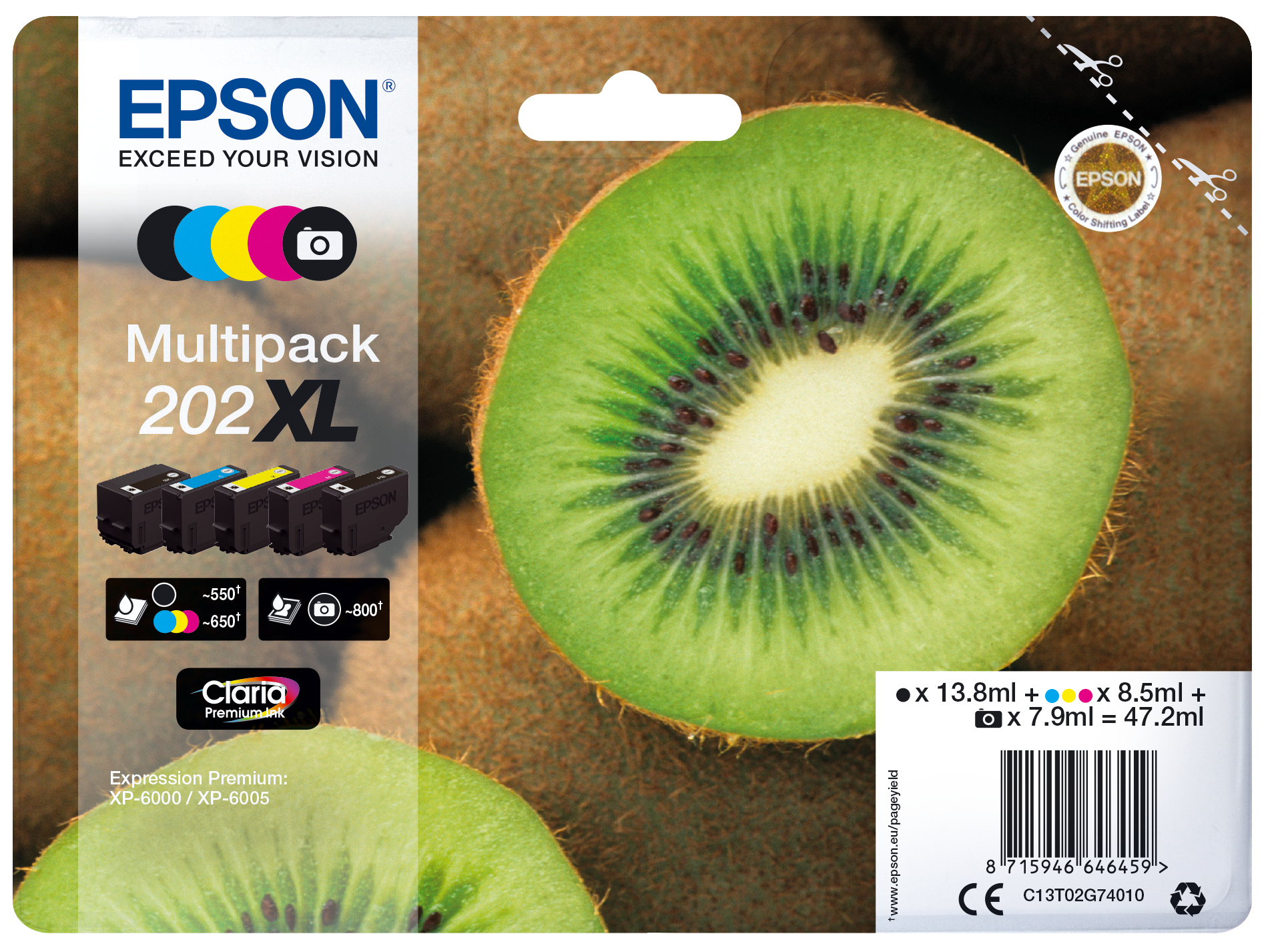 Epson 202XL Kiwi Claria Premium Ink Cartridge High Yield CMYK/Photo Black Multipack C13T02G74010