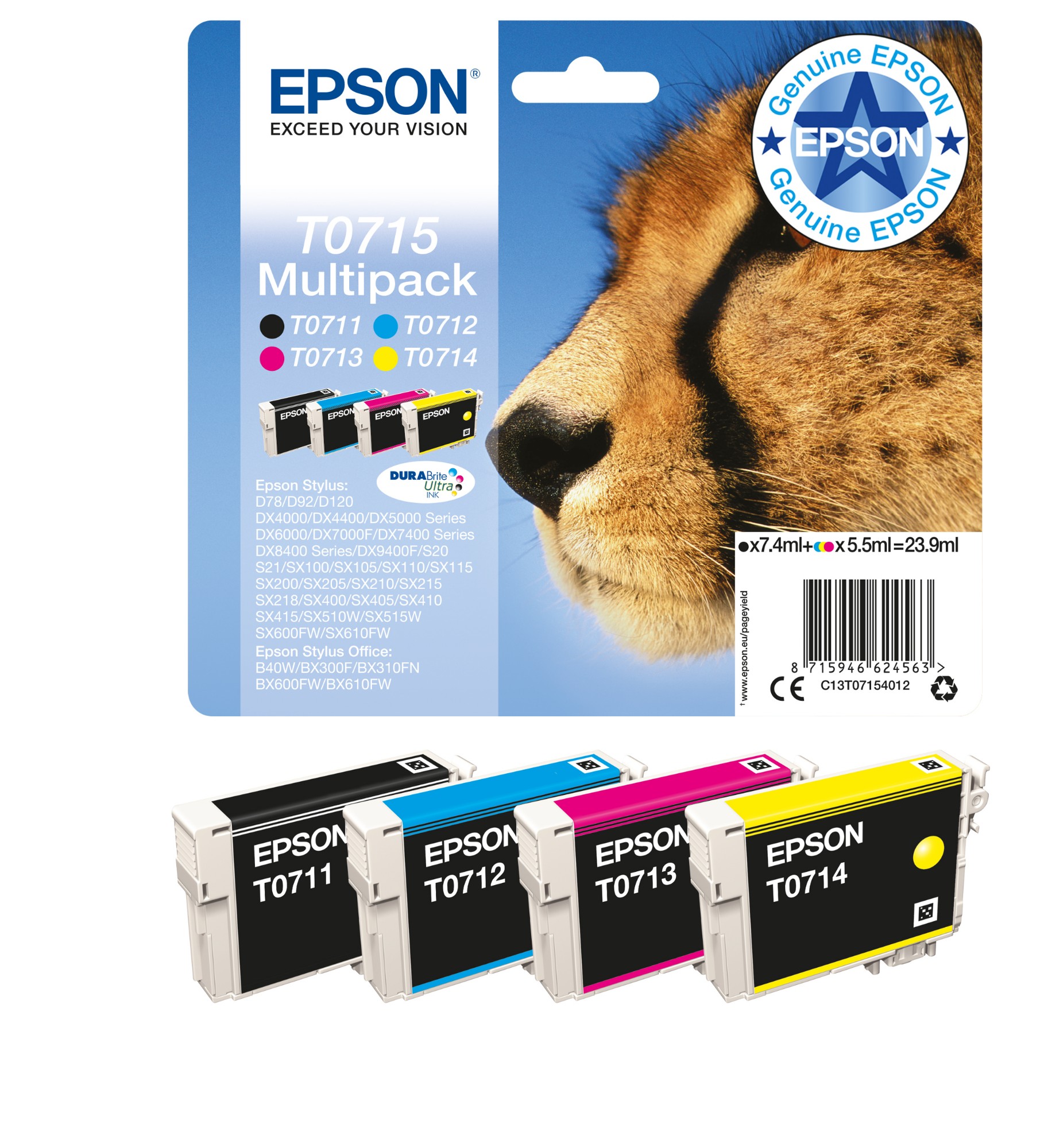Epson C13T07154012/T0715 Ink cartridge multi pack Bk,C,M,Y 7,4ml+3x5,5ml Pack=4 for Epson Stylus BX 310/600/D 120/D 78/S 20