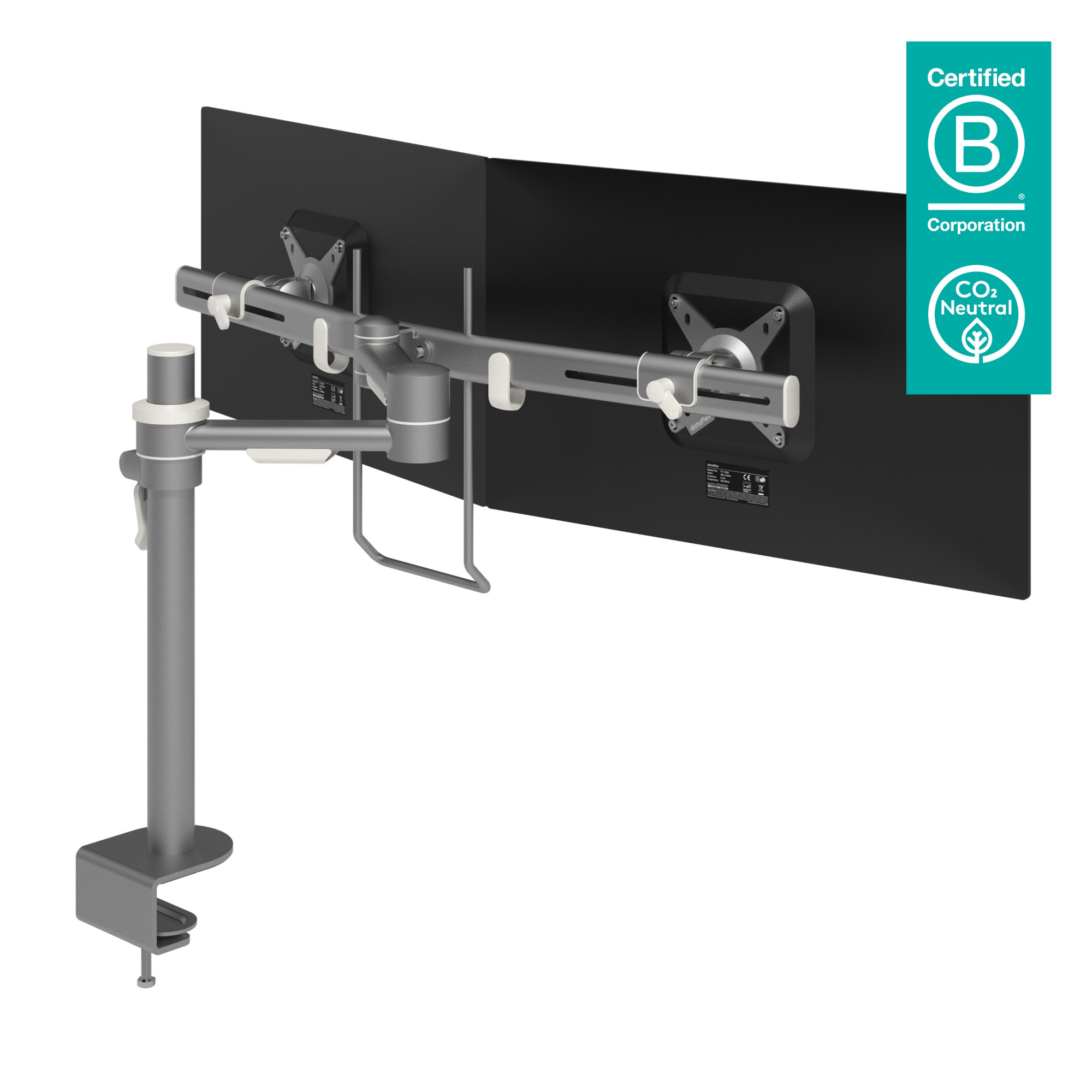 52.602 Dataflex Viewmate dual monitor arm - silver - desk clamp and bolt through mounts - depth adjustment