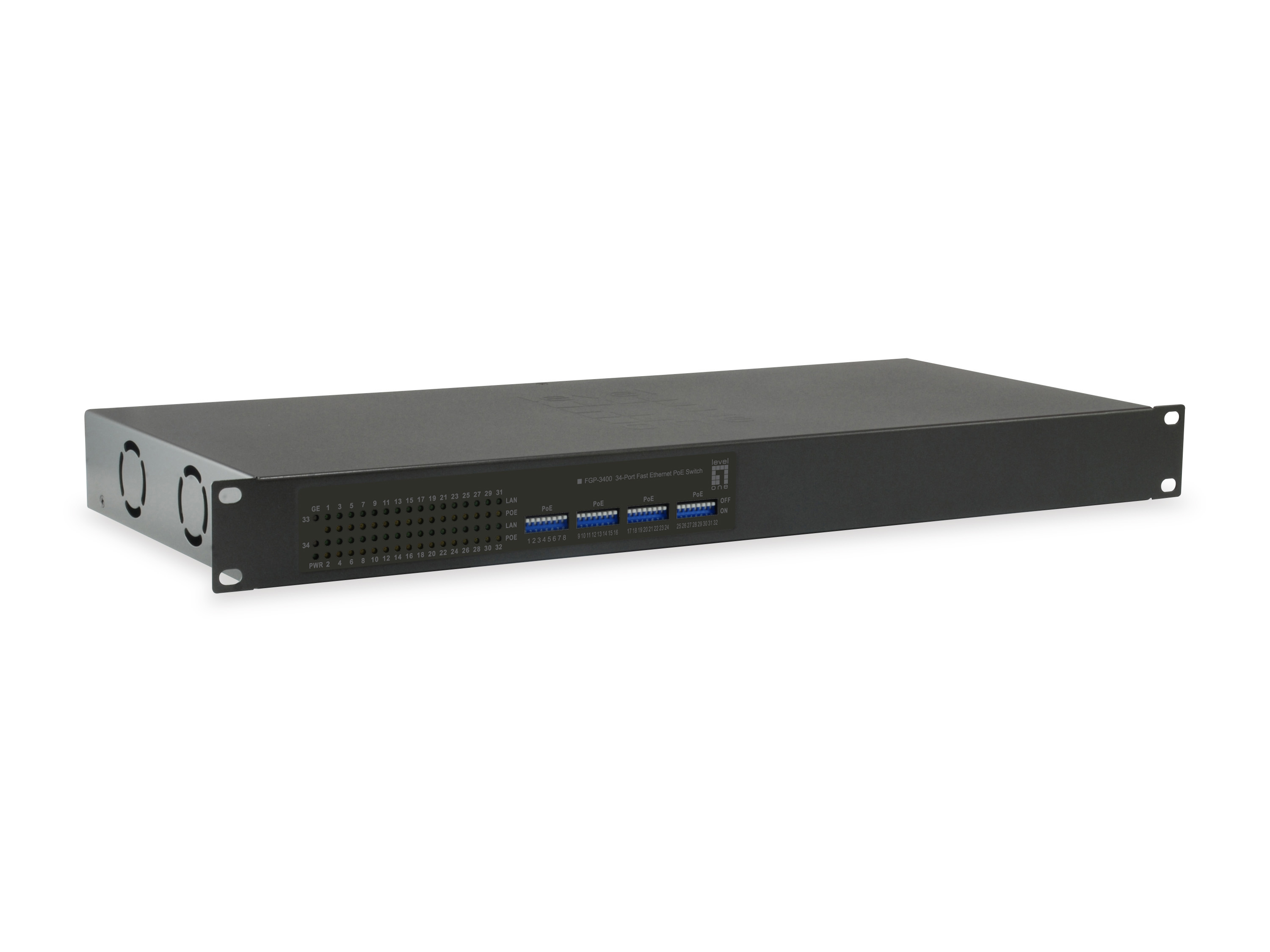 Image of LevelOne 34-Port Fast Ethernet PoE Switch, 802.3at/af PoE, 32 PoE...