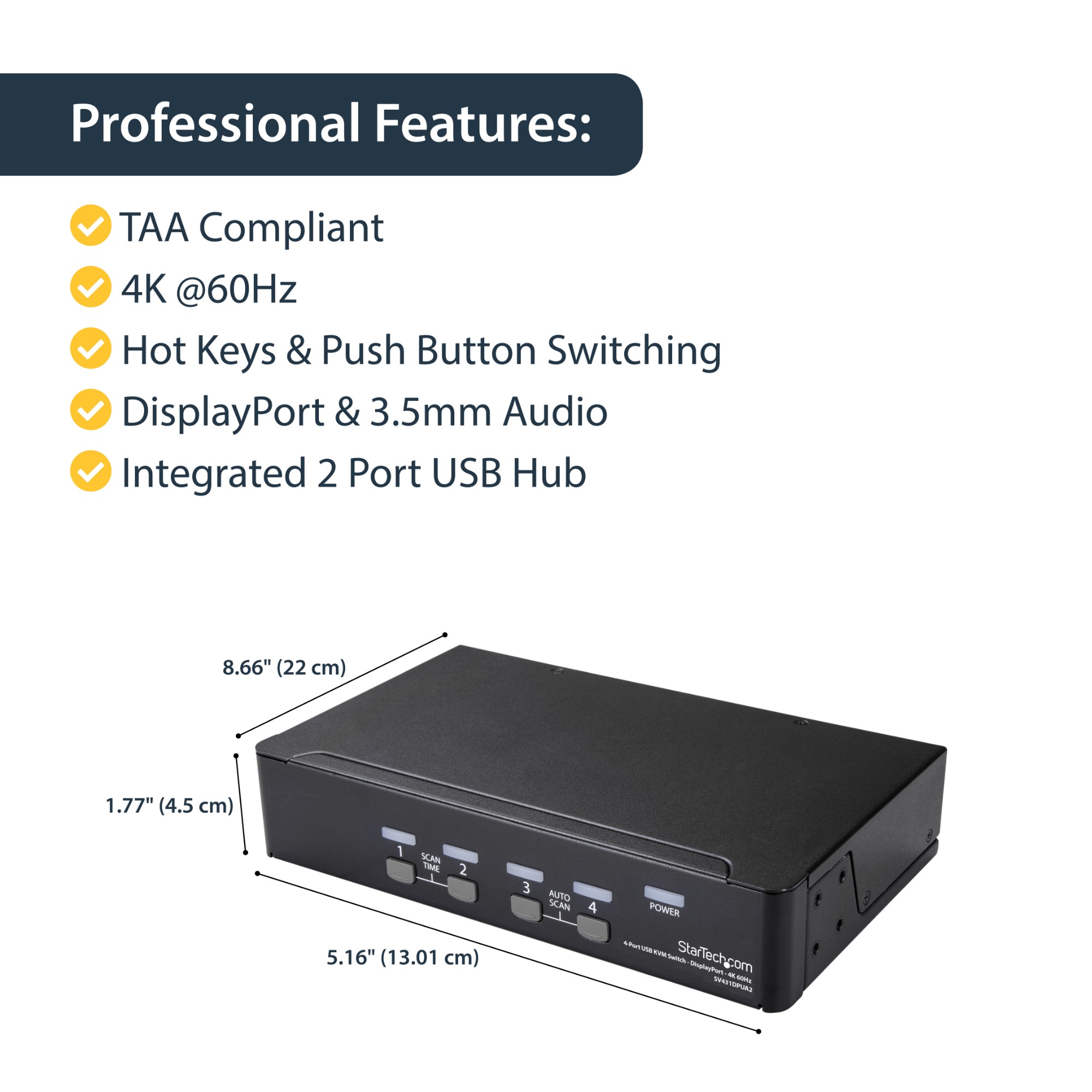 StarTech.com 4 Port DisplayPort KVM Switch - 4K 60Hz - Single Display - Dual Port UHD DP 1.2 USB KVM Switch with Integrated USB 2.0 Hub & Audio - Dell, HP, Apple, Lenovo - TAA Compliant