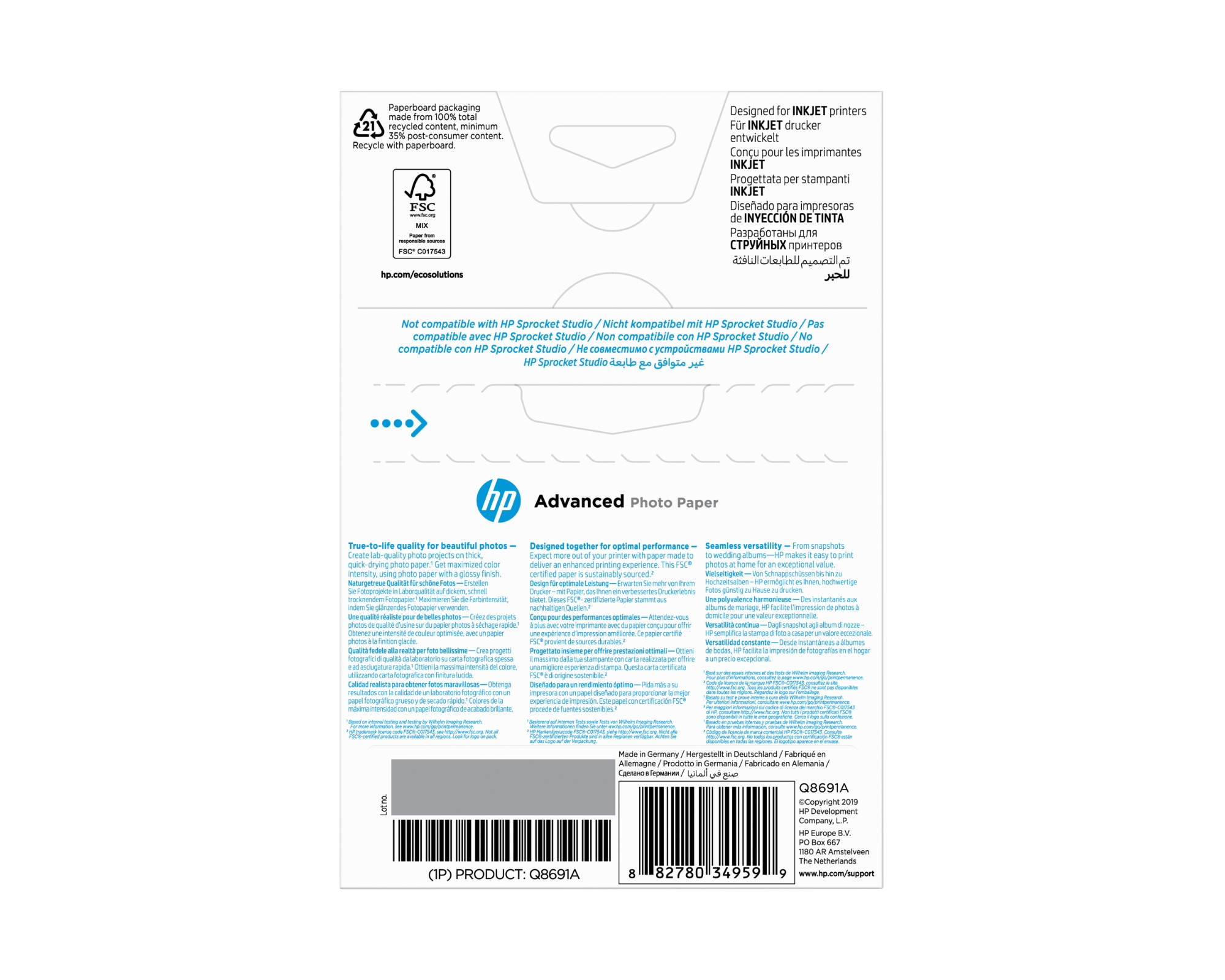 HP Advanced Glossy Photo Paper 10 x 15cm Borderless 250gsm (Pack of 25) Q8691A