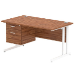 Dynamic Impulse W1400 x D800 x H730mm Straight Office Desk Cantilever Leg With 1 x 2 Drawer Single Fixed Pedestal Walnut Finish White Frame - MI001924 DD