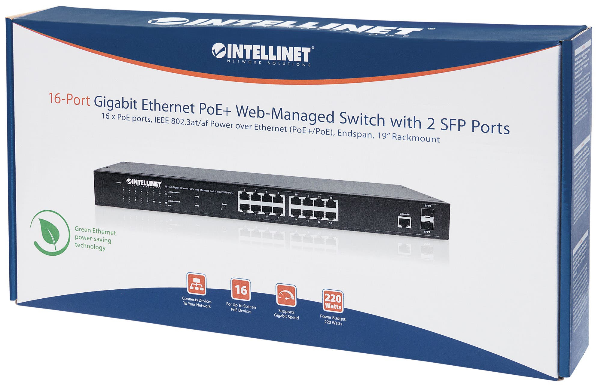 Intellinet 16-Port Gigabit Ethernet PoE+ Web-Managed Switch with 2 SFP Ports, 16 x PoE ports, IEEE 802.3at/af Power over Ethernet (PoE+/PoE), 2 x SFP, Endspan, 19 Rackmount" (UK 3-pin plug)