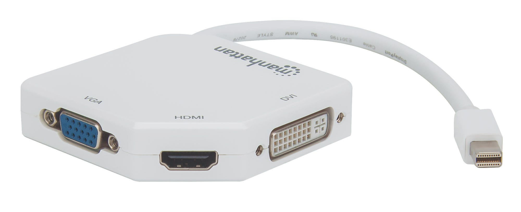 Manhattan Mini DisplayPort to HDMI, DVI and VGA Adapter Cable (3-in-1), 25cm, Male to Female, Passive, HDMI 4K (3840x2160p), VGA/DVI 1080p (1920x1200p), Compatible with DVD-D, White, Three Year Warranty, Blister