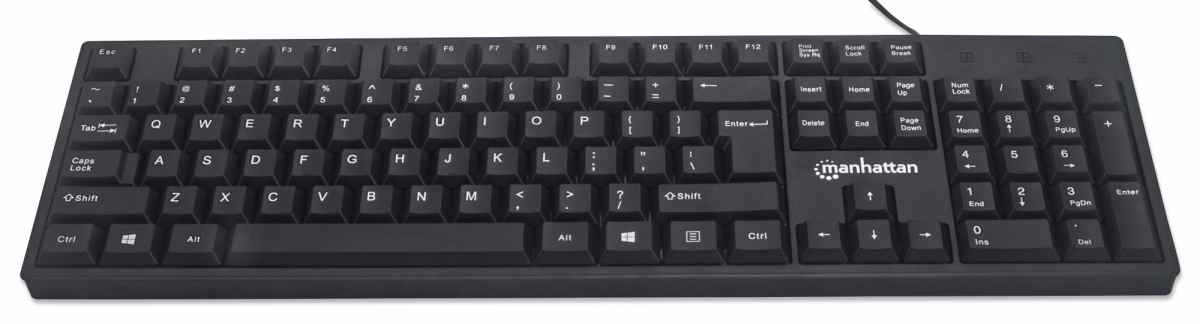 Manhattan Keyboard UK USB Wired, Standard Qwerty layout, Black, Full Size Keys, Cable 1.5m, USB-A connection, Plug and Play, Three Year Warranty, Retail Boxed