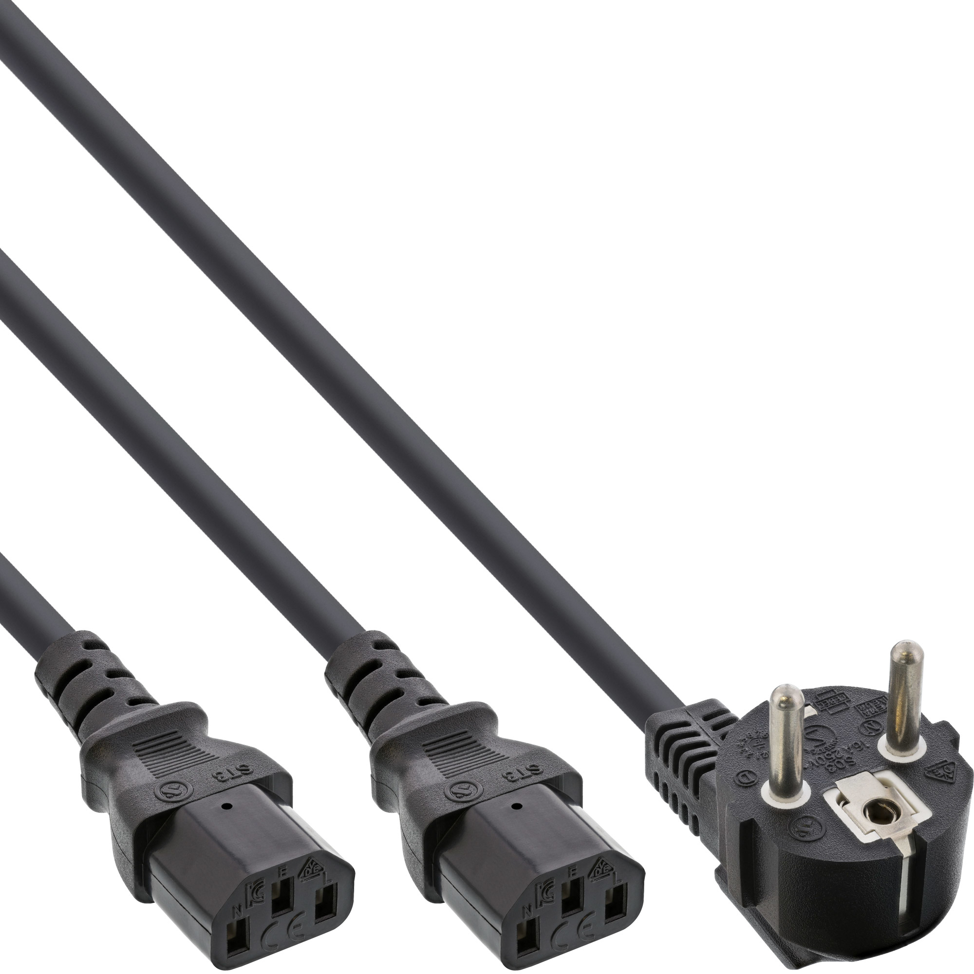 Image of InLine Y-power cable 1x CEE 7/7 angled / 2x 3pin IEC C13 male, 1.8m