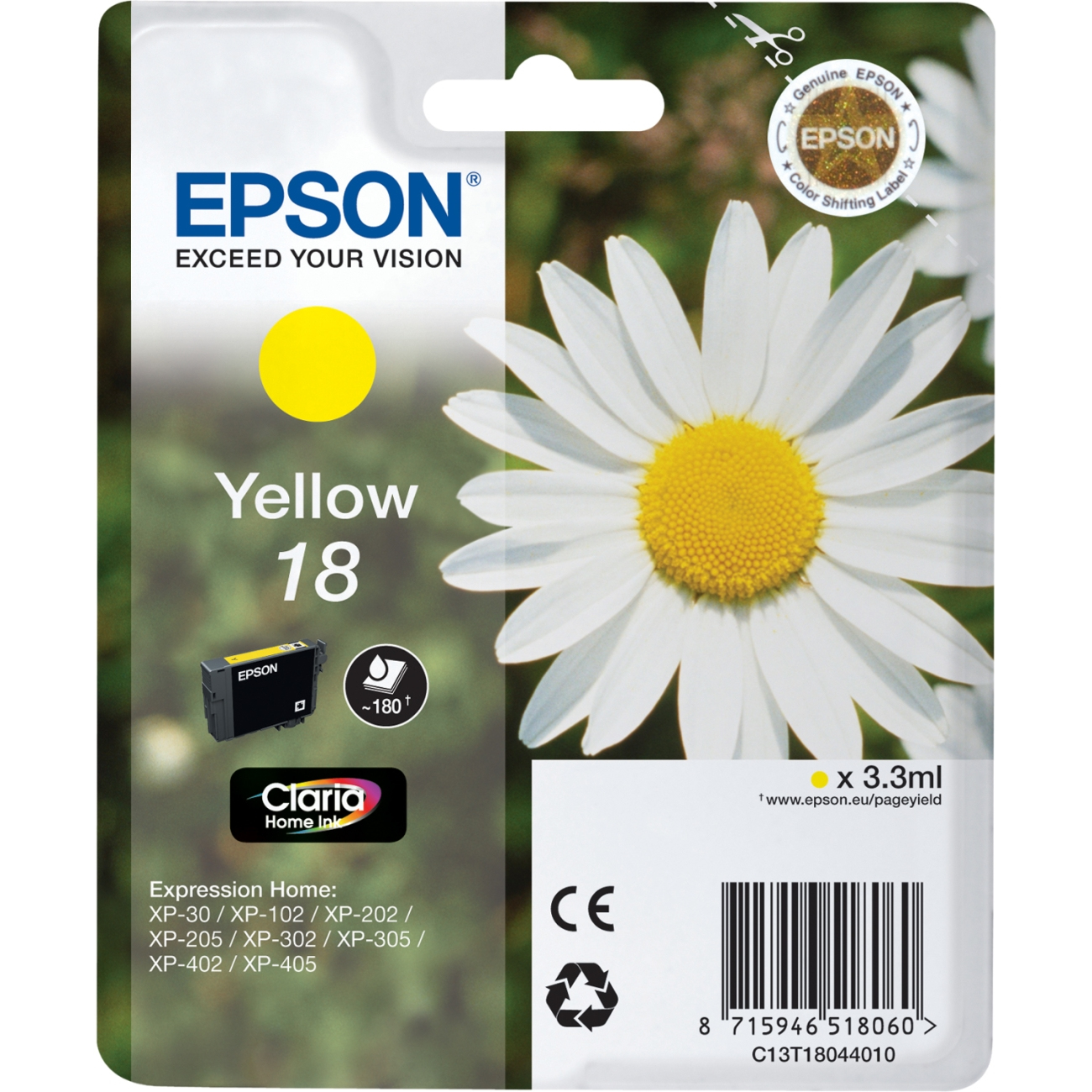 Epson C13T18044010/18 Ink cartridge yellow. 180 pages 3ml for Epson XP