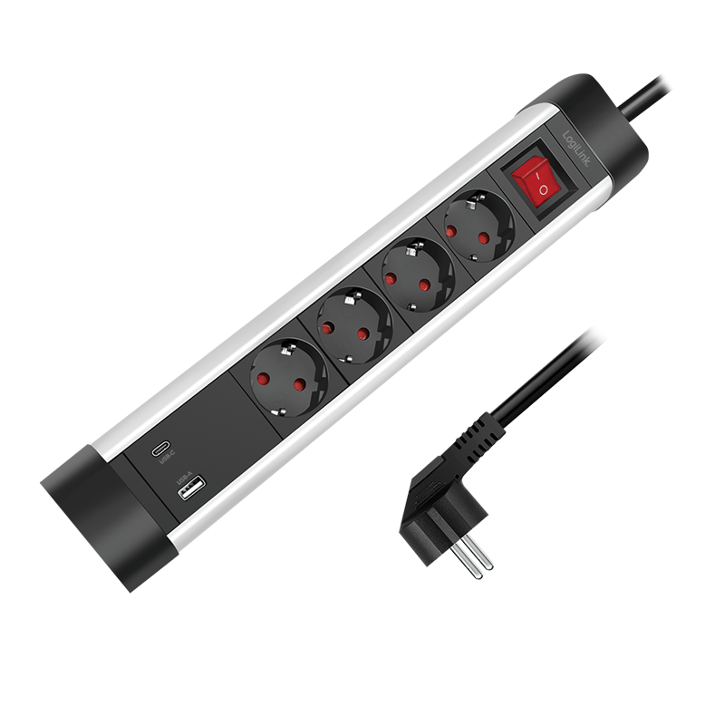 LogiLink Outlet Strip, 4 safety sockets, w/ USB-A & USB-C Port, aluminum, desktop