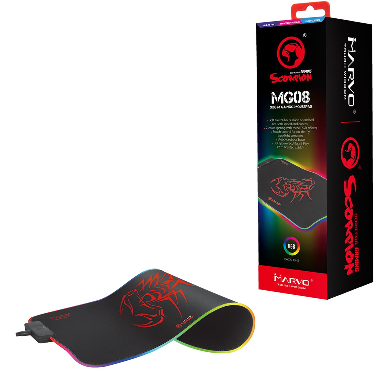 MG08 AIT MG08 Gaming Mouse Pad, 7 Colour LED with 3 RGB Effects, Medium 350x250x4mm, USB Connection, Soft Microfiber Surface for Speed and Control with Non-Slip Rubber Base and Stitched Edges, Black