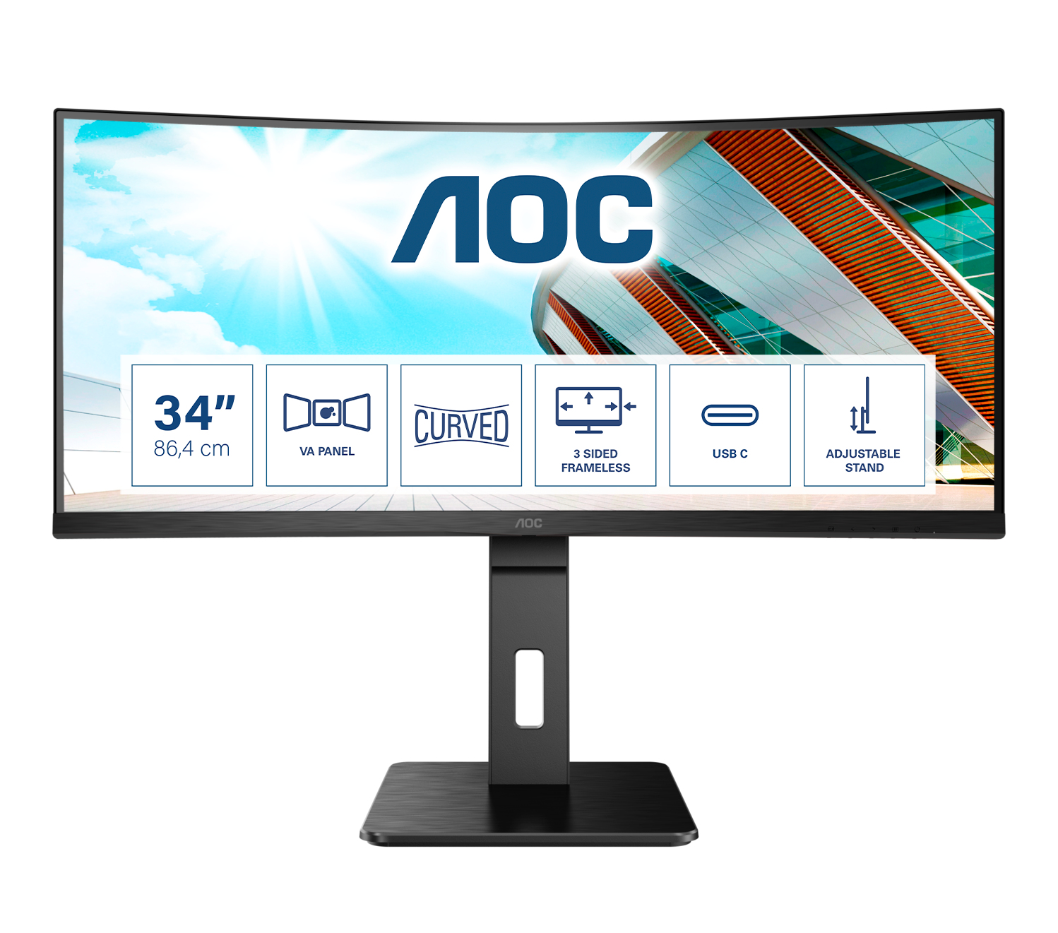 Screen size (inch) 34, Panel resolution 3440x1440, Refresh rate 100 Hz, Response time MPRT 1 ms, Panel type VA, USB-C connectivity USB-C 3.2 x 1 (DP alt mode, upstream, power delivery up to 65 W), HDMI HDMI 2.0 x 1, Display Port DisplayPort 1.2 x 1, Sync 