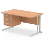 Dynamic Impulse W1400 x D800 x H730mm Straight Office Desk Cantilever Leg With 1 x 3 Drawer Single Fixed Pedestal Oak Finish Silver Frame - MI002666 DD