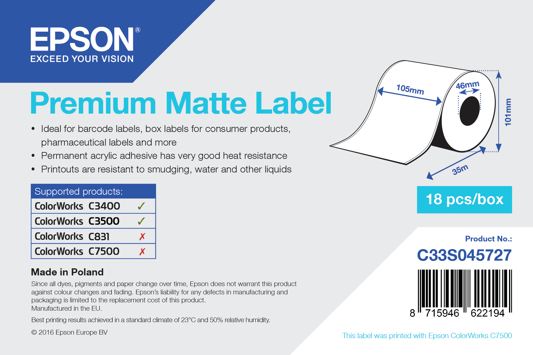 Epson C33S045727 Continous label roll matt Premium 105mm x 35m Pack=1