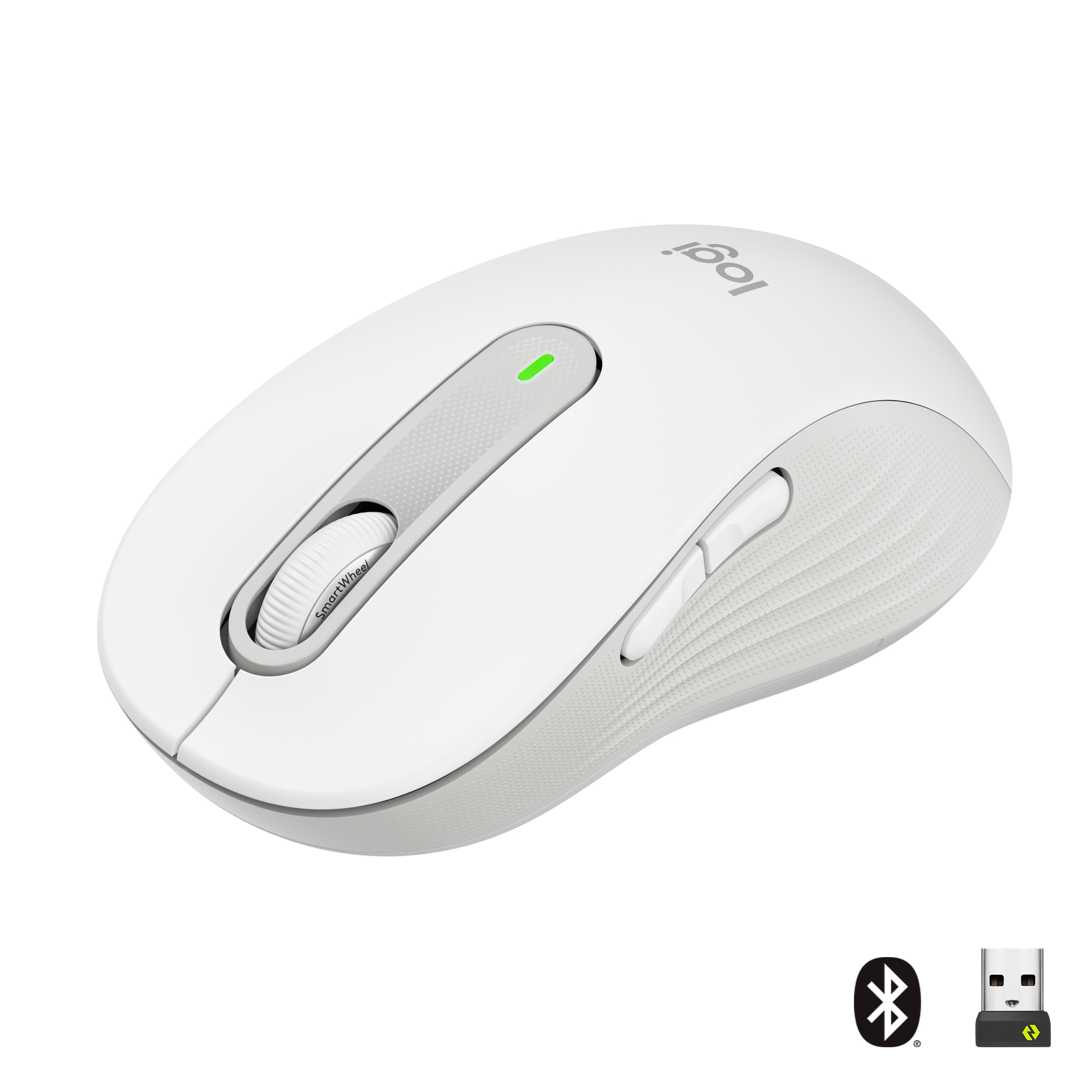 Mano utilizzando un moderno mouse ergonomico senza fili per