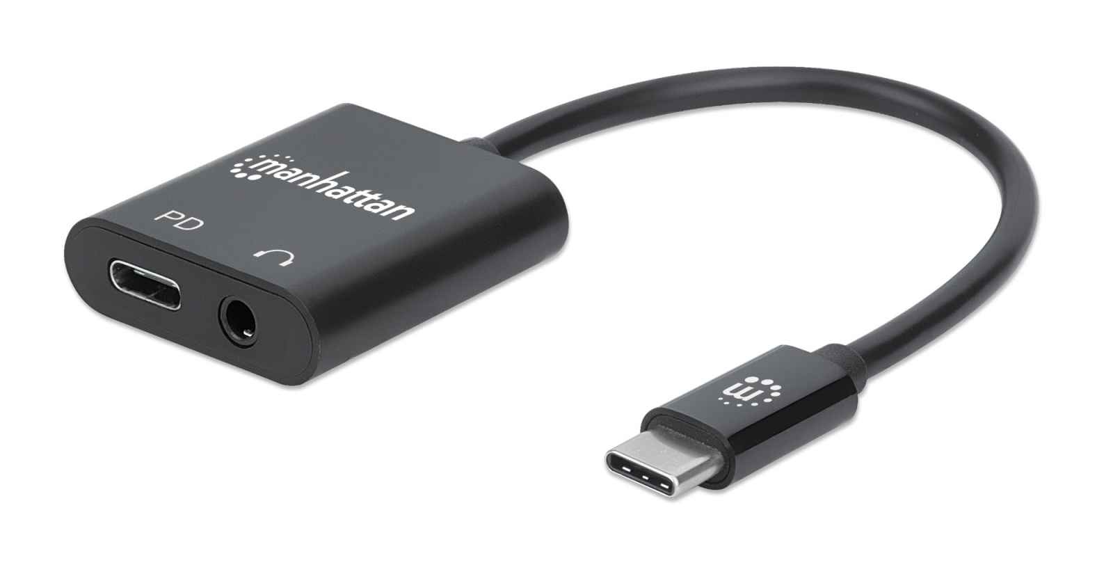 Manhattan USB-C to Headphone Jack (3.5mm) and USB-C (inc Power Delivery), Black, 480 Mbps (USB 2.0), Cable 11cm, Audio, With Power Delivery to USB-C Port (60W), Equivalent to Startech CDP235APDM , Three Year Warranty, Retail Box
