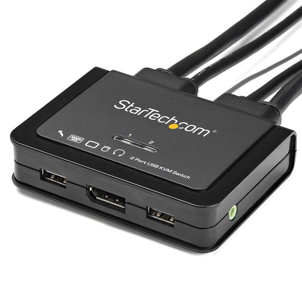 StarTech.com 2 Port DisplayPort KVM Switch - 4K 60Hz - Compact Dual Port UHD DP 1.2 USB Desktop KVM Switch with 4ft Cables &amp; Audio - Bus Powered &amp; Remote Switching - MacBook ThinkPad