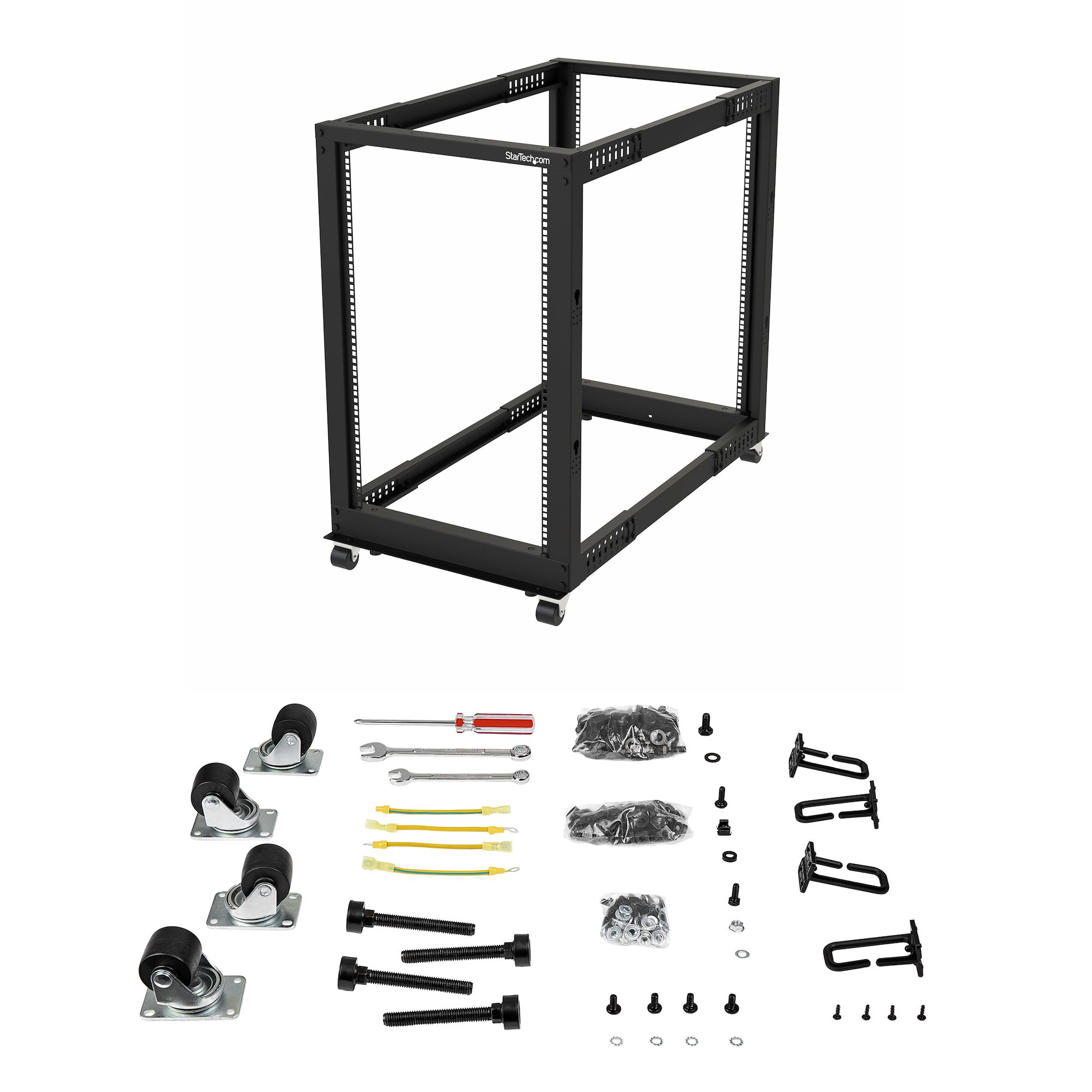 StarTech.com Armadio Server Rack con 4 staffe a Telaio Aperto 18U con profonditÃ  regolabile da 59-104cm - Rack per apparecchiature di rete con rotelle, livellatori e gestione dei cavi