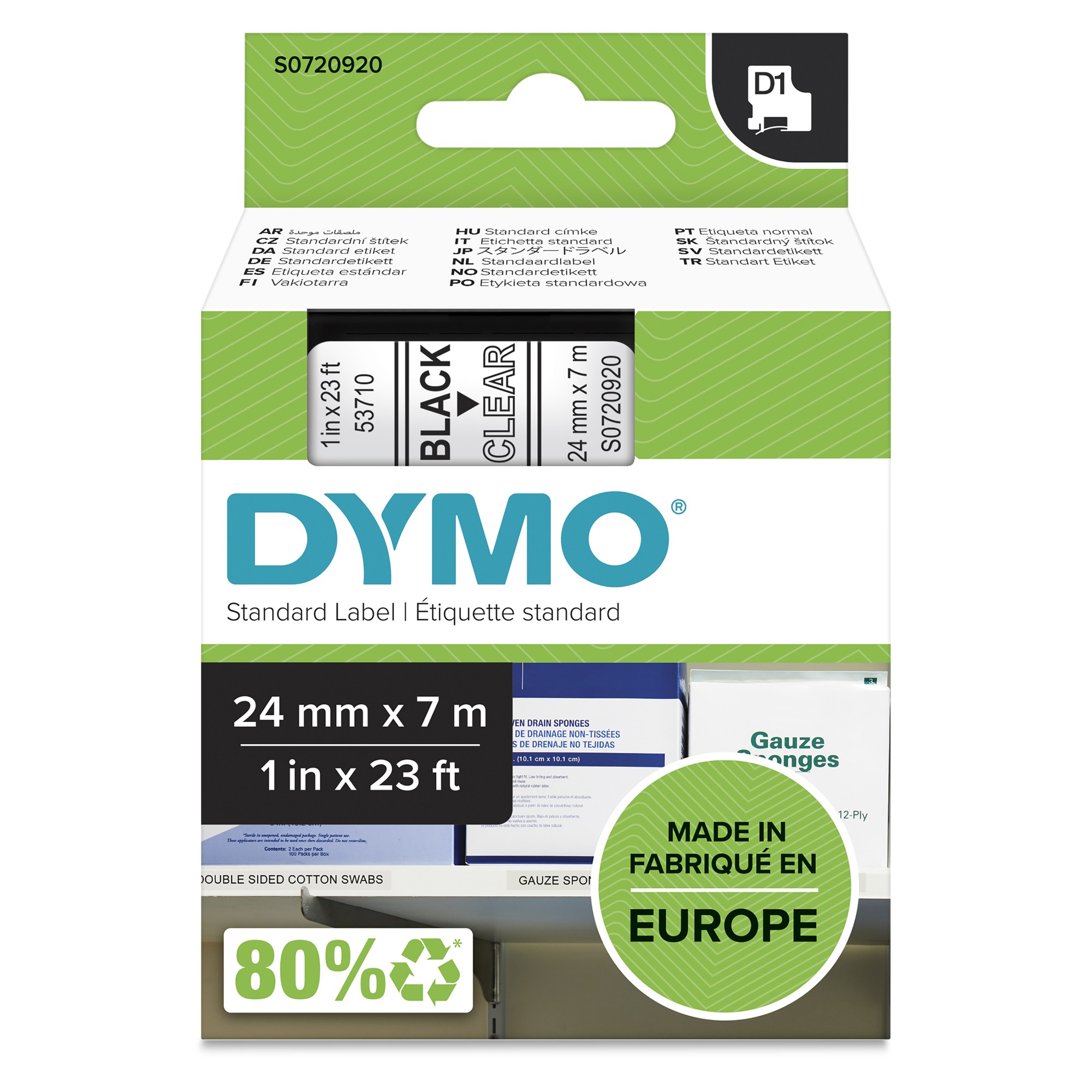 Dymo 53710/S0720920 DirectLabel-etikettes black on Transparent 24mm x 7m for Dymo D1 6-24mm/400 Duo