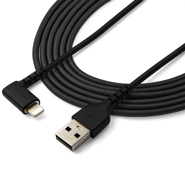 StarTech.com 2m USB A to Lightning Cable - Durable 90 Degree Right Angled Black USB Type A to Lightning Connector Sync & Charger Cord w/Aramid Fiber Apple MFI Certified iPad iPhone 11