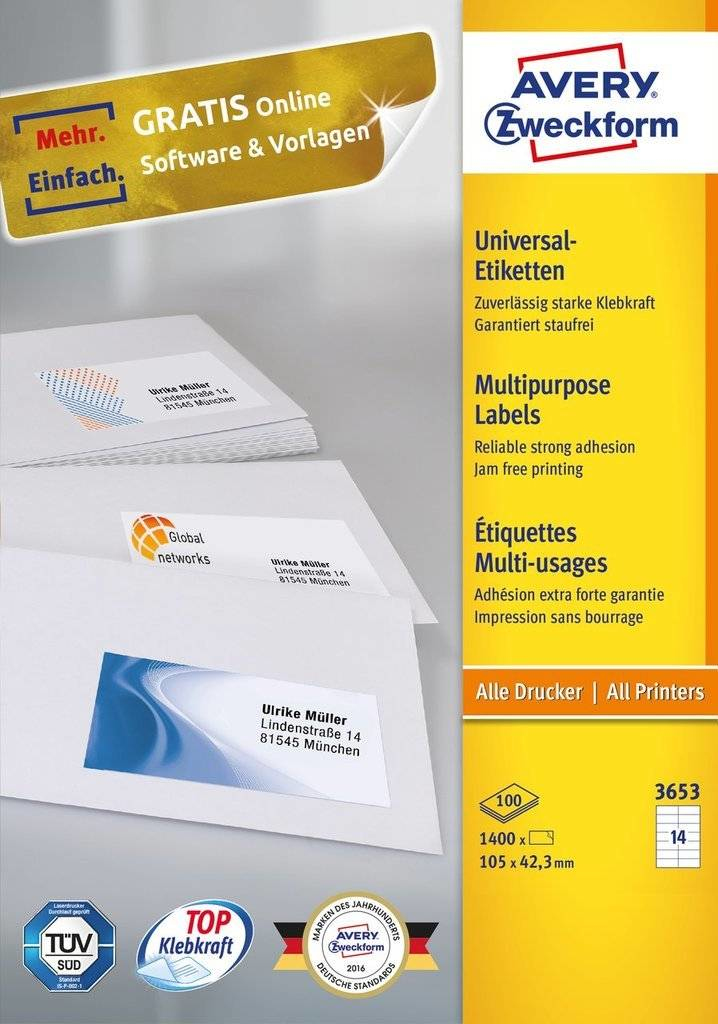 Image of Avery 3653 self-adhesive label Rectangle Permanent White 1400 pc(s)