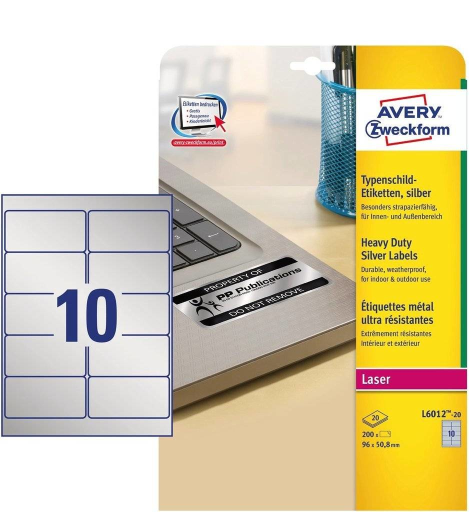 Avery Laser Label H-Duty 10 Per Sheet Silver (Pack of 200) L6012-20