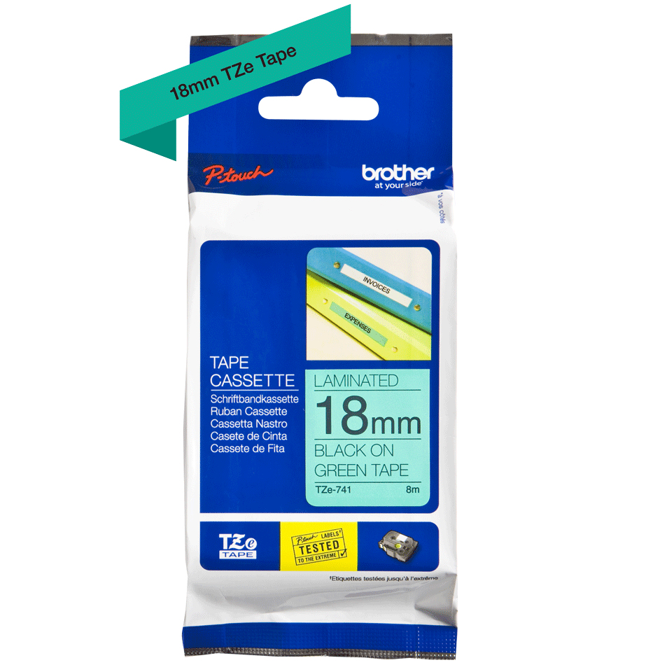 Brother TZE-741 DirectLabel black on green Laminat 18mm x 8m for Brother P-Touch TZ 3.5-18mm/36mm/6-18mm/6-24mm/6-36mm