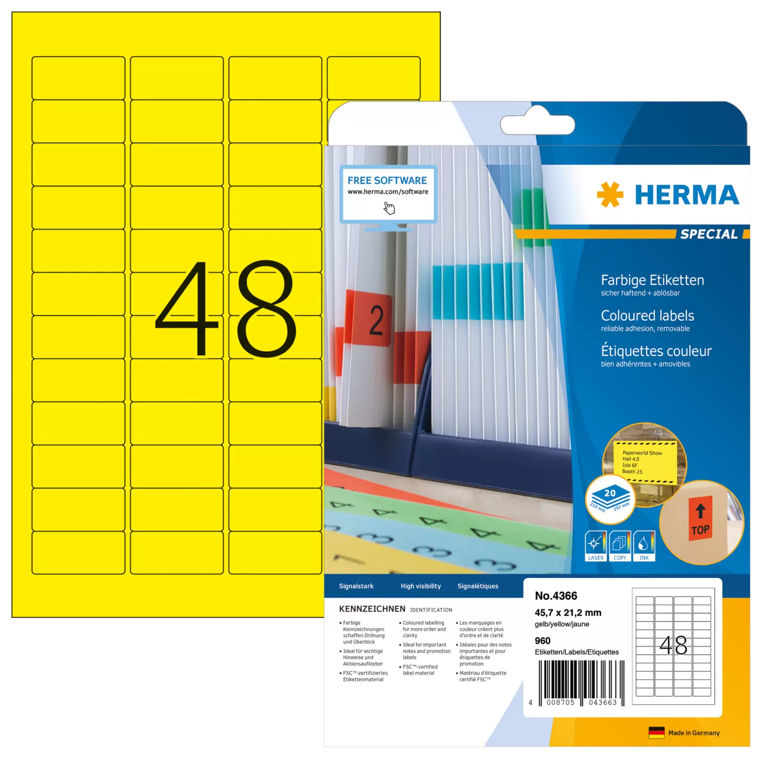 Image of HERMA Coloured Labels A4 45.7x21.2 mm yellow paper matt 960 pcs.