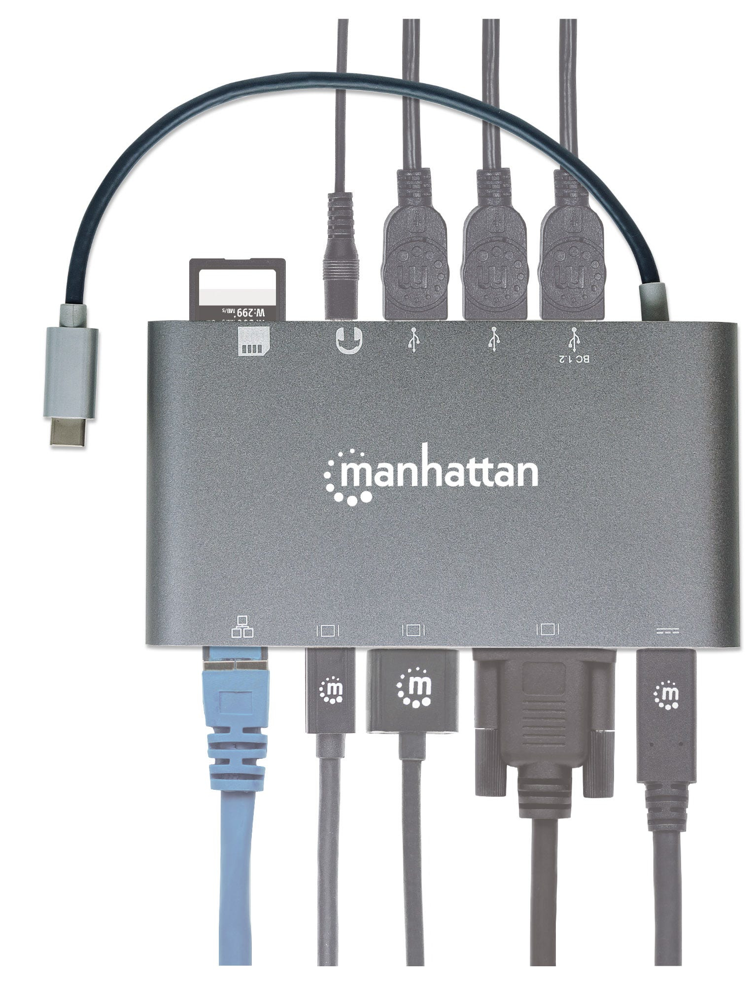 Manhattan USB-C 9-Port Hub/Dock/Converter, USB-C to HDMI, USB-C(inc PD), Mini DisplayPort, VGA, 3x USB-A, Gigabit RJ45 and 3.5mm Audio with SD Card Reader, 5 Gbps (USB 3.2 Gen 1); HDMI Ultra HD,1080p@60Hz or 3840x2160p@30Hz(4K), VGA HD 1080p video; Male t