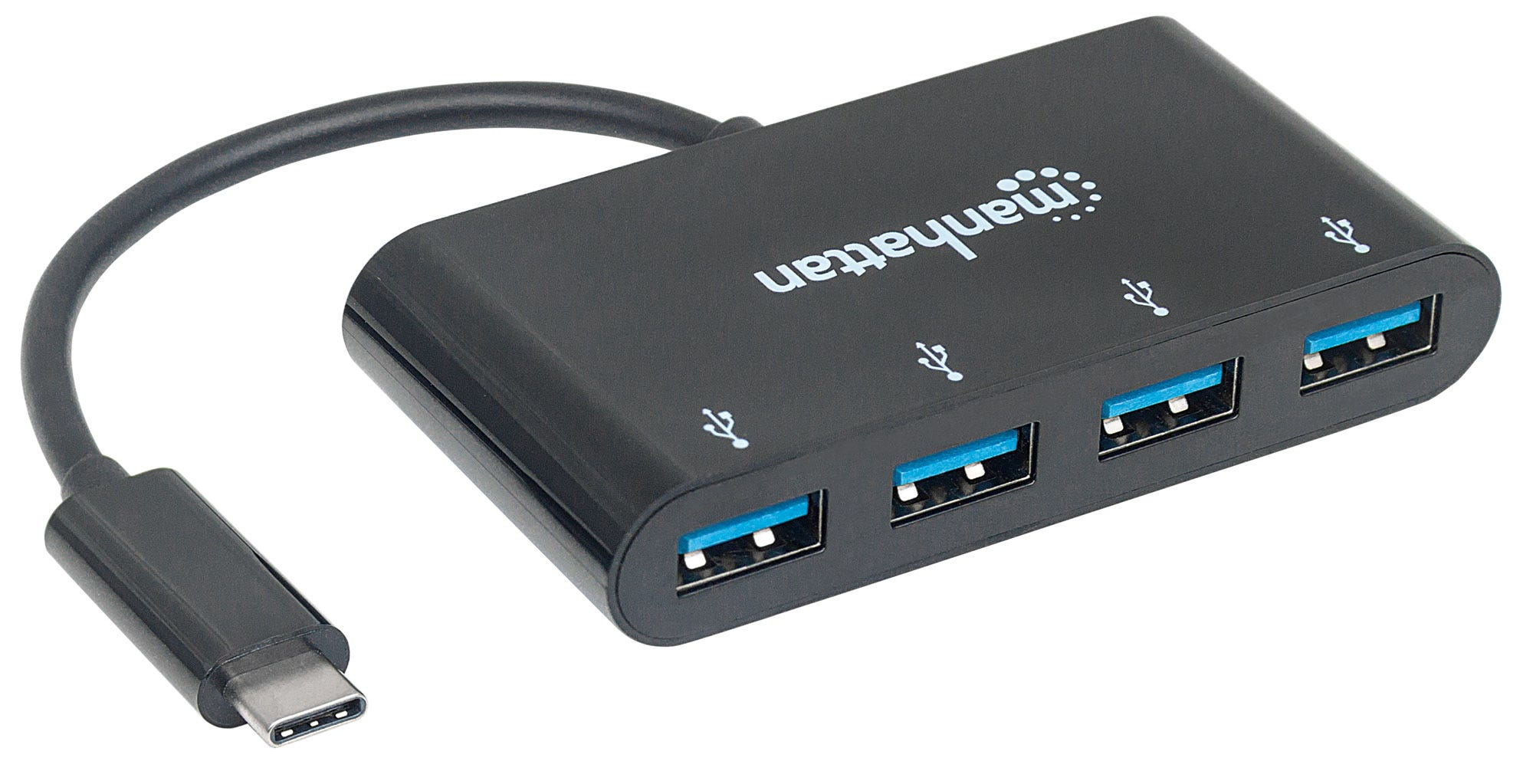 Manhattan USB-C 4-Port Hub/Dock, USB-C to 4x USB-A Ports, 5 Gbps (USB 3.2 Gen1 aka USB 3.0), Bus Power, Cable 20cm, Black, Blister