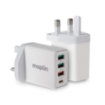 Maplin 4 Port USB Wall Charger 3x USB-A 2 1x USB-C PD QC 3.0 20W High Speed Charging