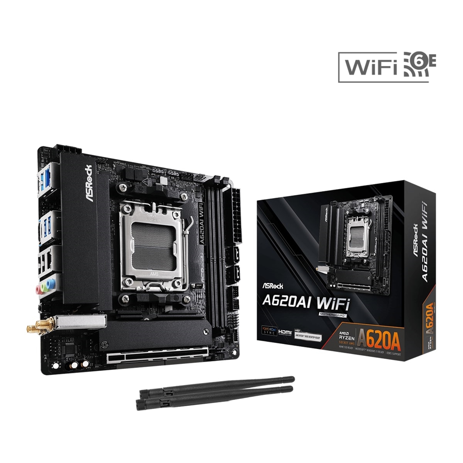 Asrock A620AI WIFI AMD AM5 Socket Motherboard, Mini-ITX, 2x DDR5 Slots, 1x M.2 Socket, GbE LAN, 1x HDMI Port
