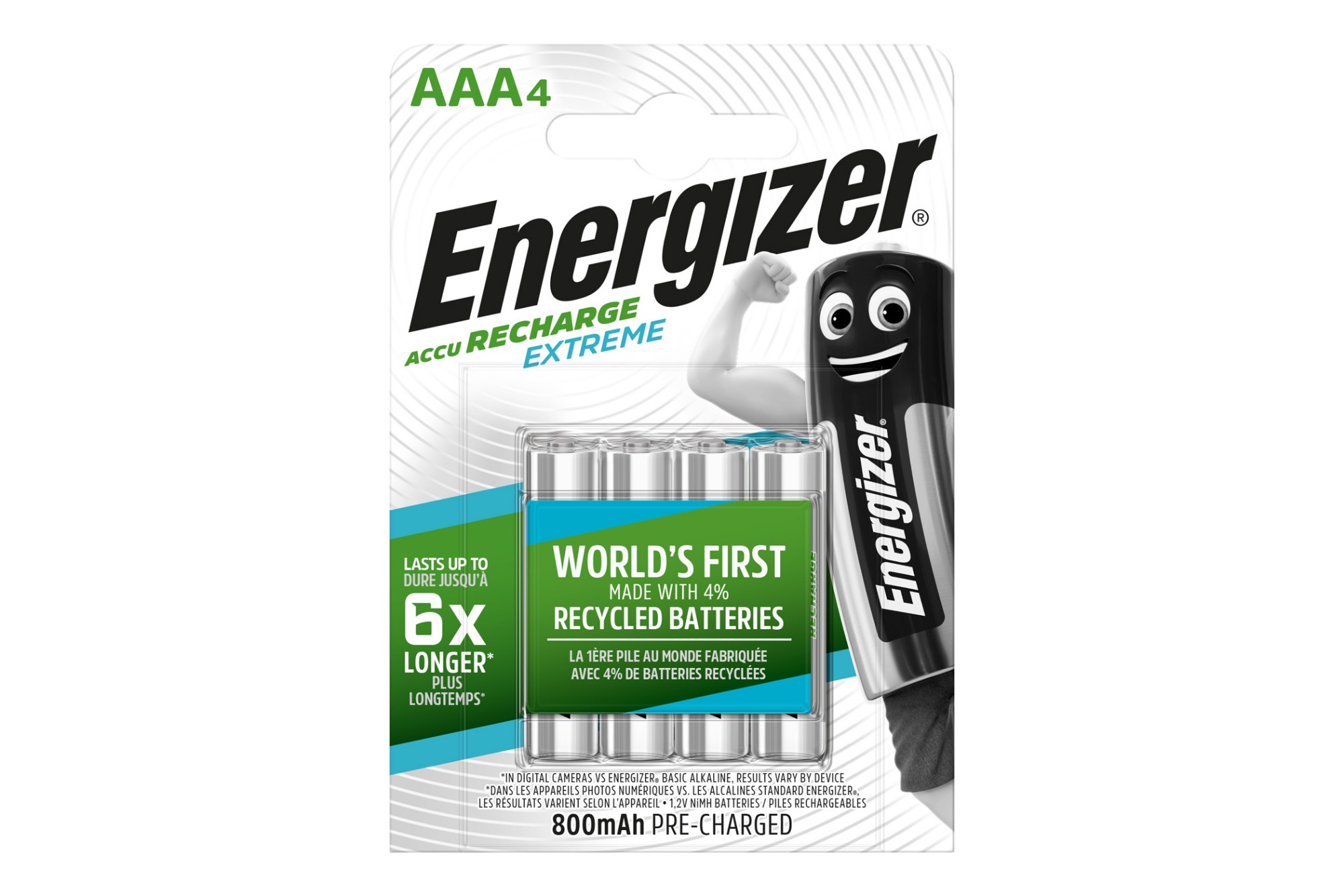 E300849400 ENERGIZER Extreme Rechargeable 800mAh Ni-MH AAA Batteries - Pack of 4