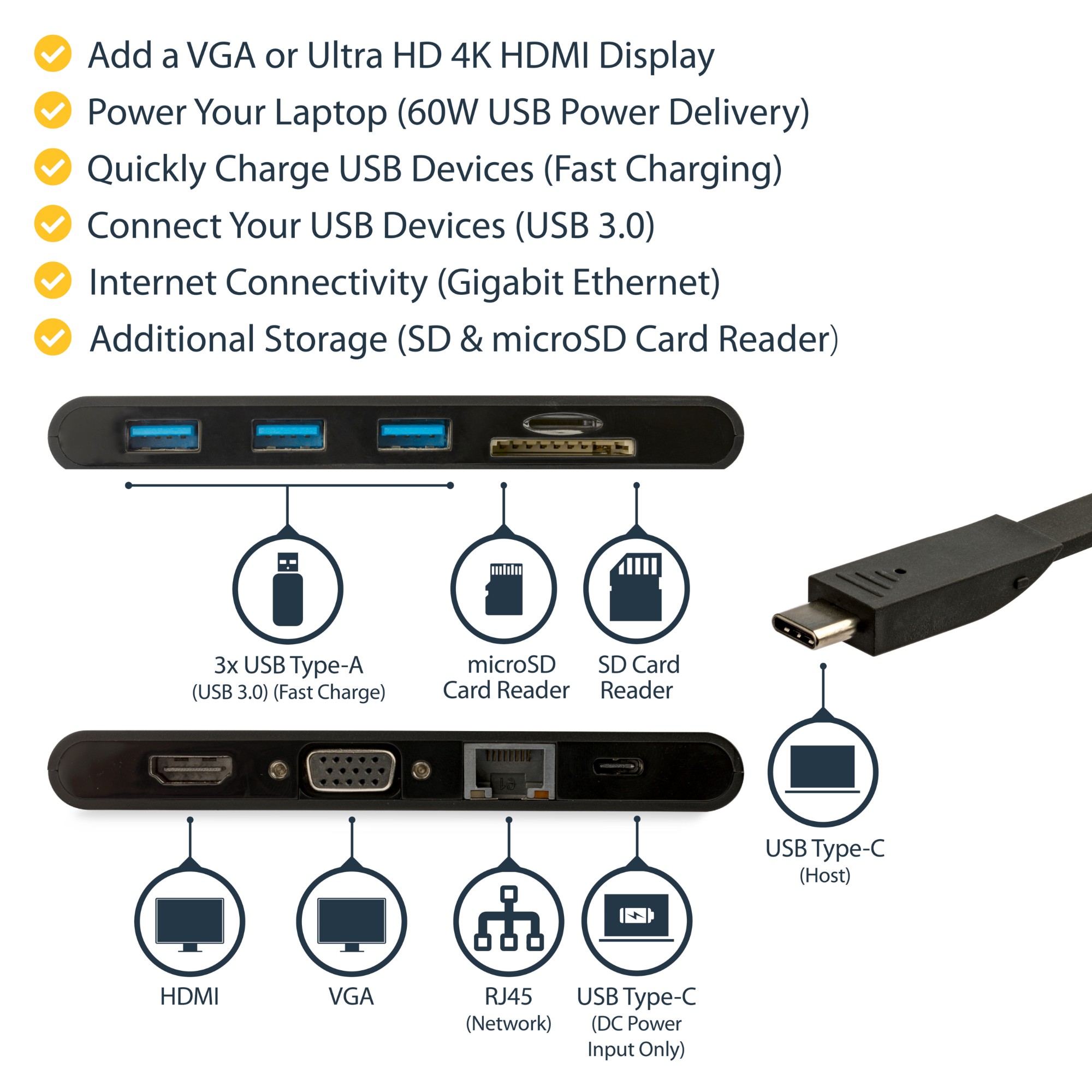 StarTech.com USB C Multiport Adapter - USB Type-C Mini Dock with HDMI 4K or VGA 1080p Video - 100W Power Delivery Passthrough, 3-port USB 3.0 Hub, GbE, SD &amp; MicroSD - Laptop Travel Dock