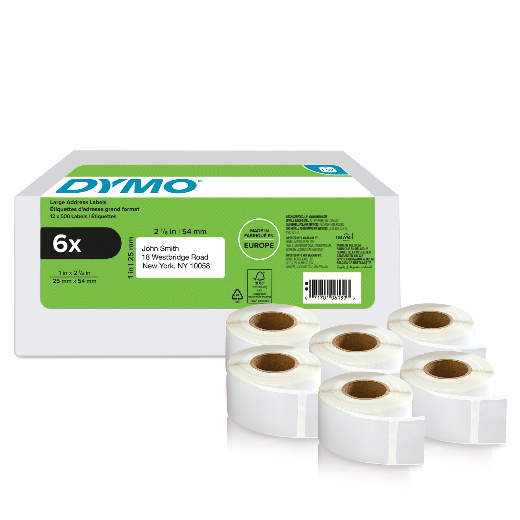 11352 6 Rolls 25mm x 54mm Returns Labels Tape Black On White thumbnail