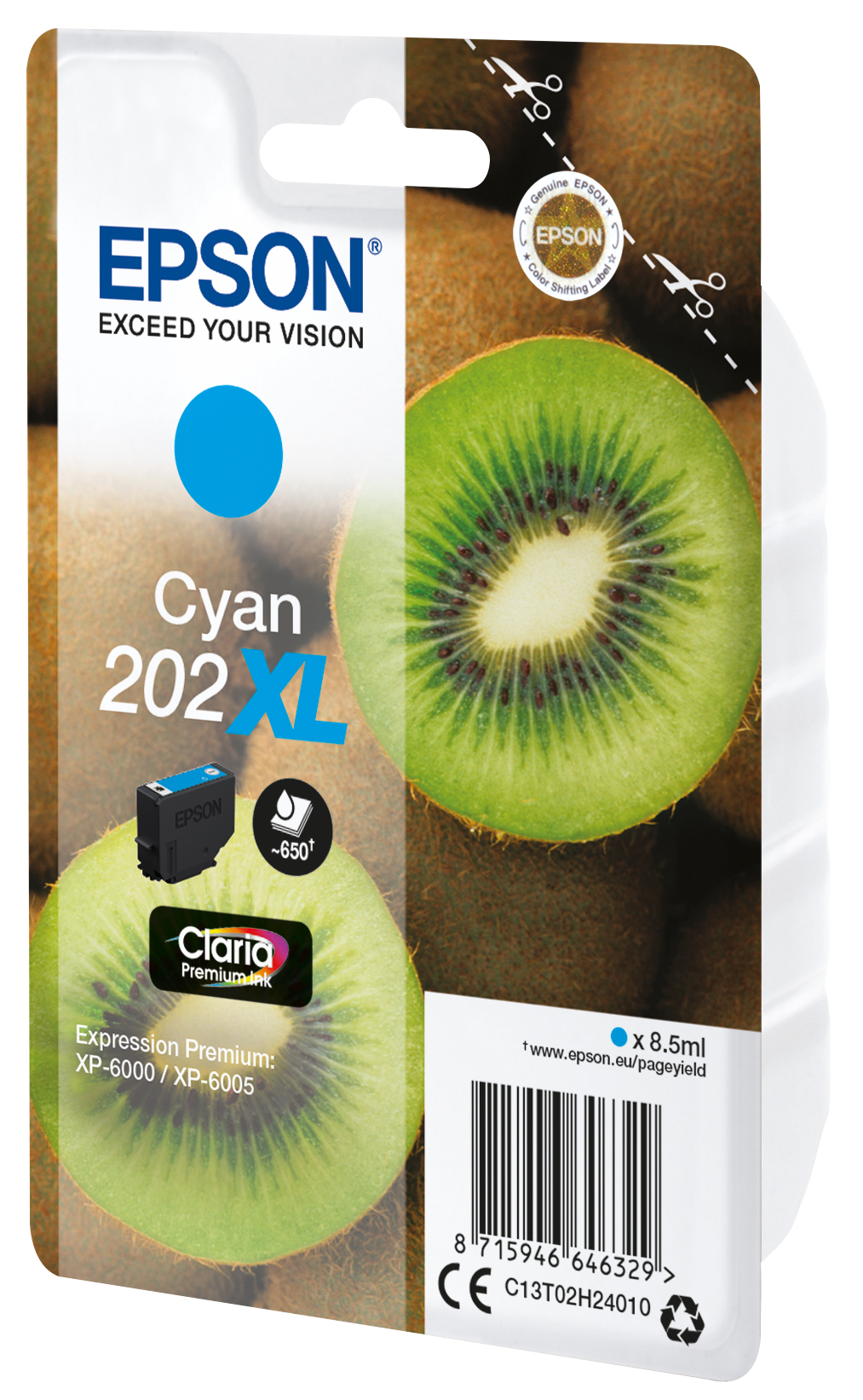 Image of Epson C13T02H24010/202XL Ink cartridge cyan high-capacity, 650...