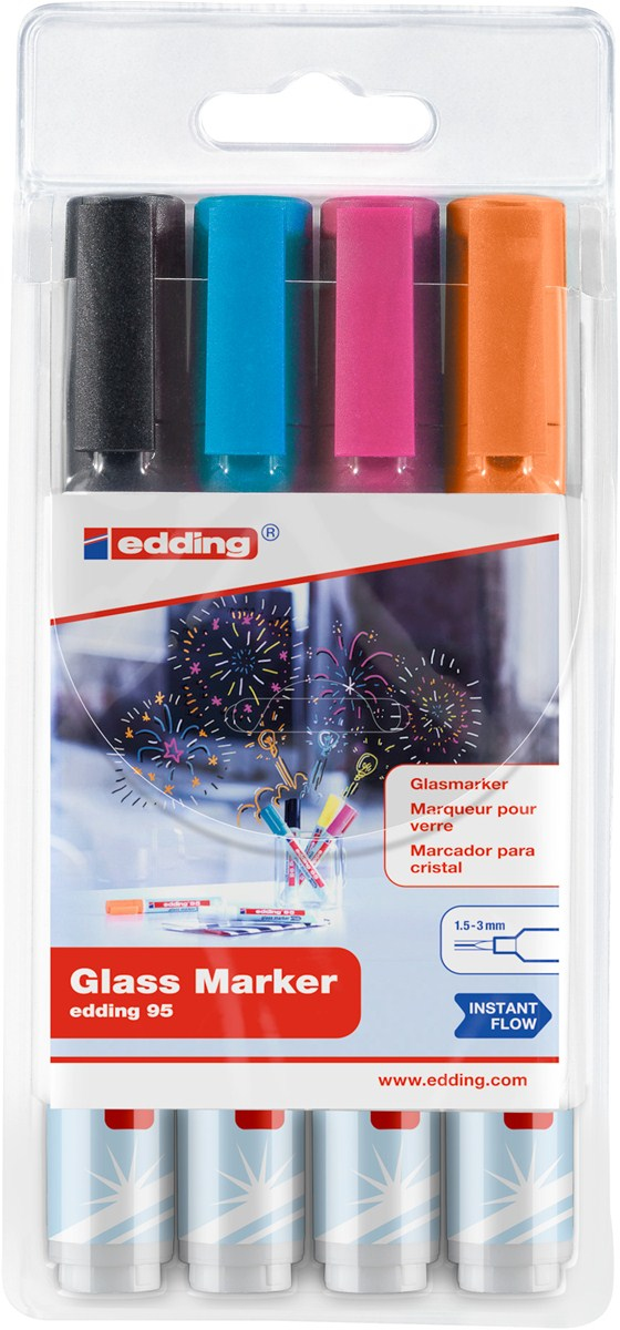 Edding 95 Glass marker 4 pc(s) Bullet tip Black, Blue, Orange, Pink