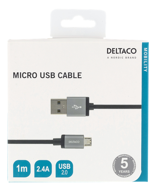 Deltaco MICRO-110F USB-kablar 1 m USB 2.0 USB A Micro-USB B Svart
