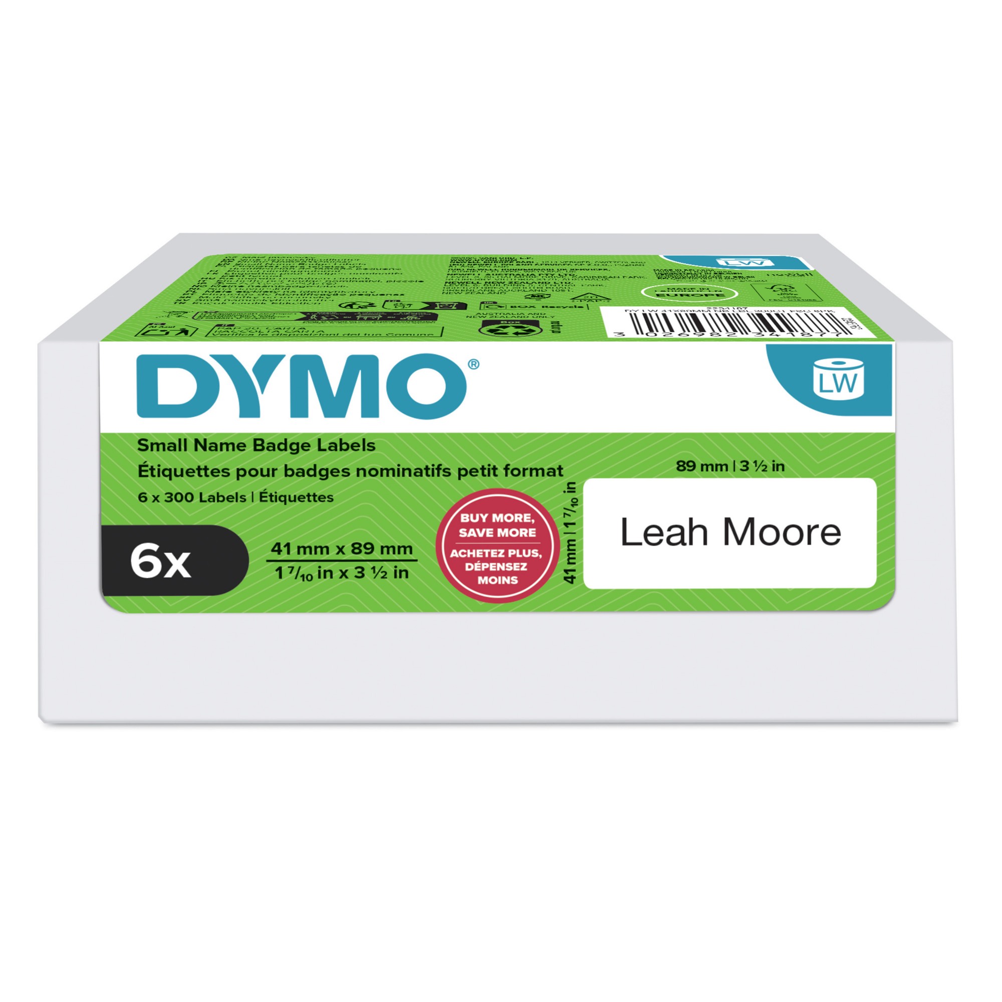 DYMO LW BADGE SMALL 41 x 89mm 6 ROLLS White Self-adhesive printer labe