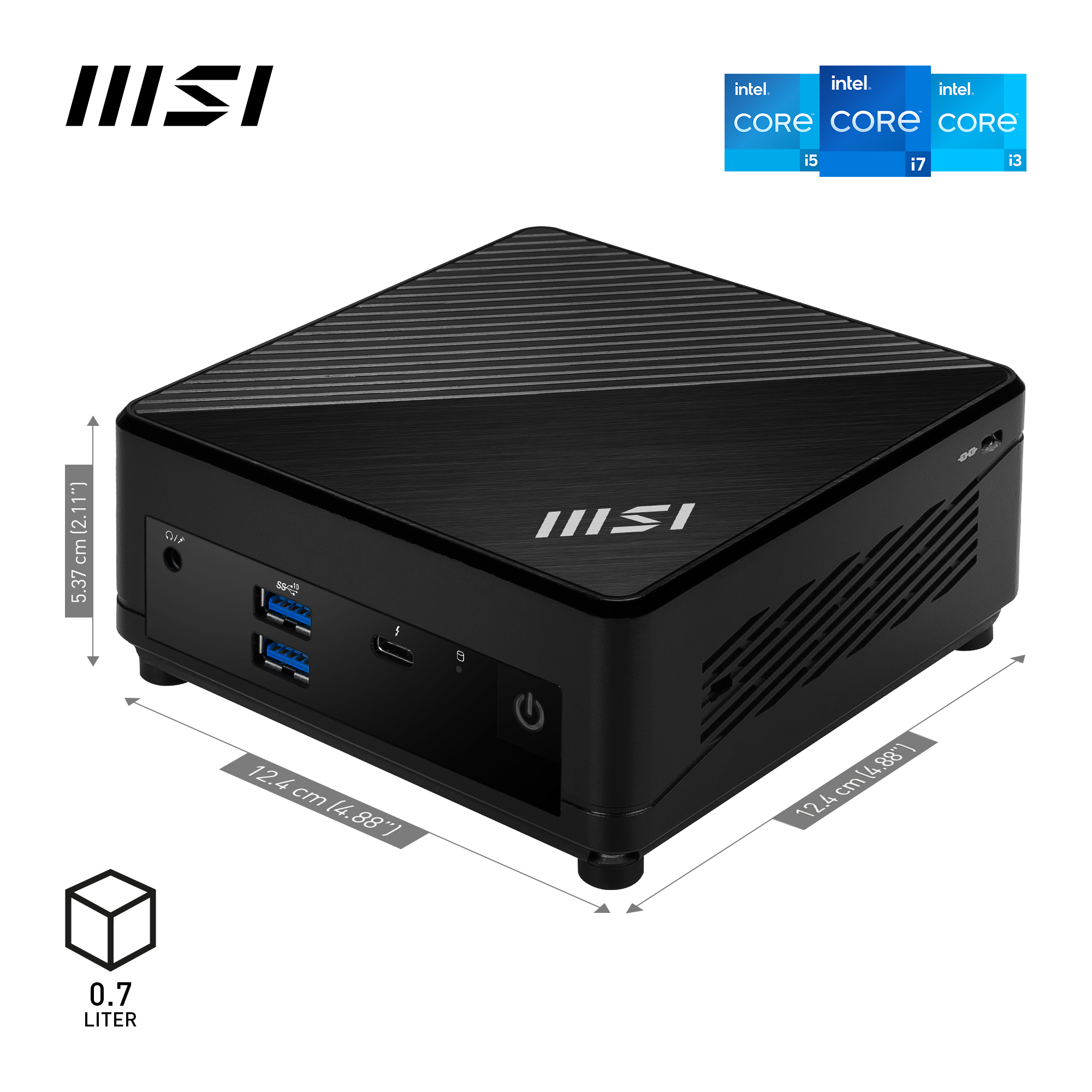 MSI Cubi 5 12M Intel Core i5-1235U Barebone, Mini-PC, SFF, ThunderBolt 4 Type-C, USB 3.2 Gen2, HDMI, DisplayPort, Dual LAN, WiFi, BT, VESA, Supports Max 64GB DDR4 SO-DIMM (2 Slots), M.2 (1 Slot), 2.5'SSD/HDD (1 Slot)