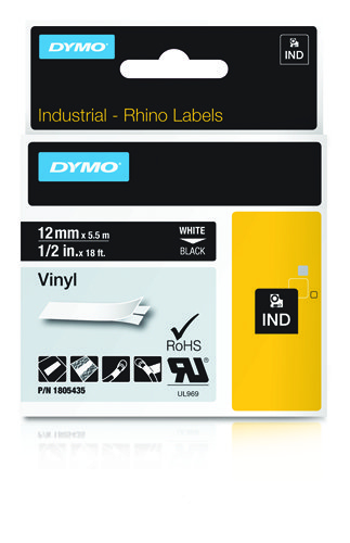 Image of Dymo 1805435 Ribbon Vinyl white on black 12mmx5,5m for Dymo Rhino...