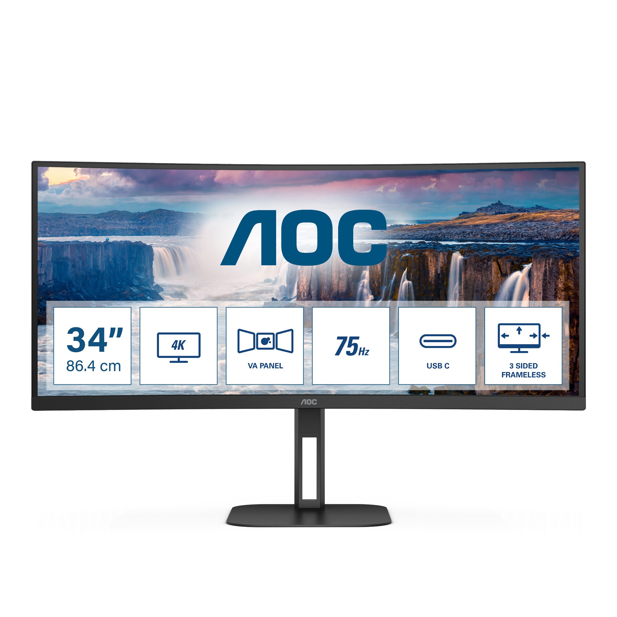 Screen size (inch) 34, Panel resolution 3440x1440, Refresh rate 100 Hz, Response time MPRT 1 ms, Panel type VA, USB-C connectivity USB-C 3.2 x 1 (DP alt mode, upstream, power delivery up to 65 W), HDMI HDMI 2.0 x 1, Display Port DisplayPort 1.2 x 1, D-SUB